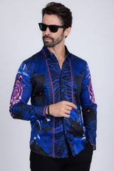 Barabas Wholesale Men's Rhinestone Leopard Floral Long Sleeves Shirt 2SPR225 Navy