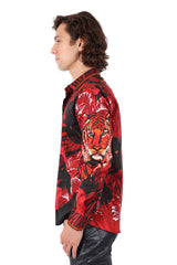 Barabas Wholesale Men's Rhinestone Leopard Floral Long Sleeves Shirt 2SPR225 Red