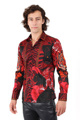 Barabas Wholesale Men's Rhinestone Leopard Floral Long Sleeves Shirt 2SPR225 Red