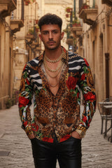 Barabas Wholesale Men's Rhinestone Leopard Floral Long Sleeves Shirt 2SPR227 Multi
