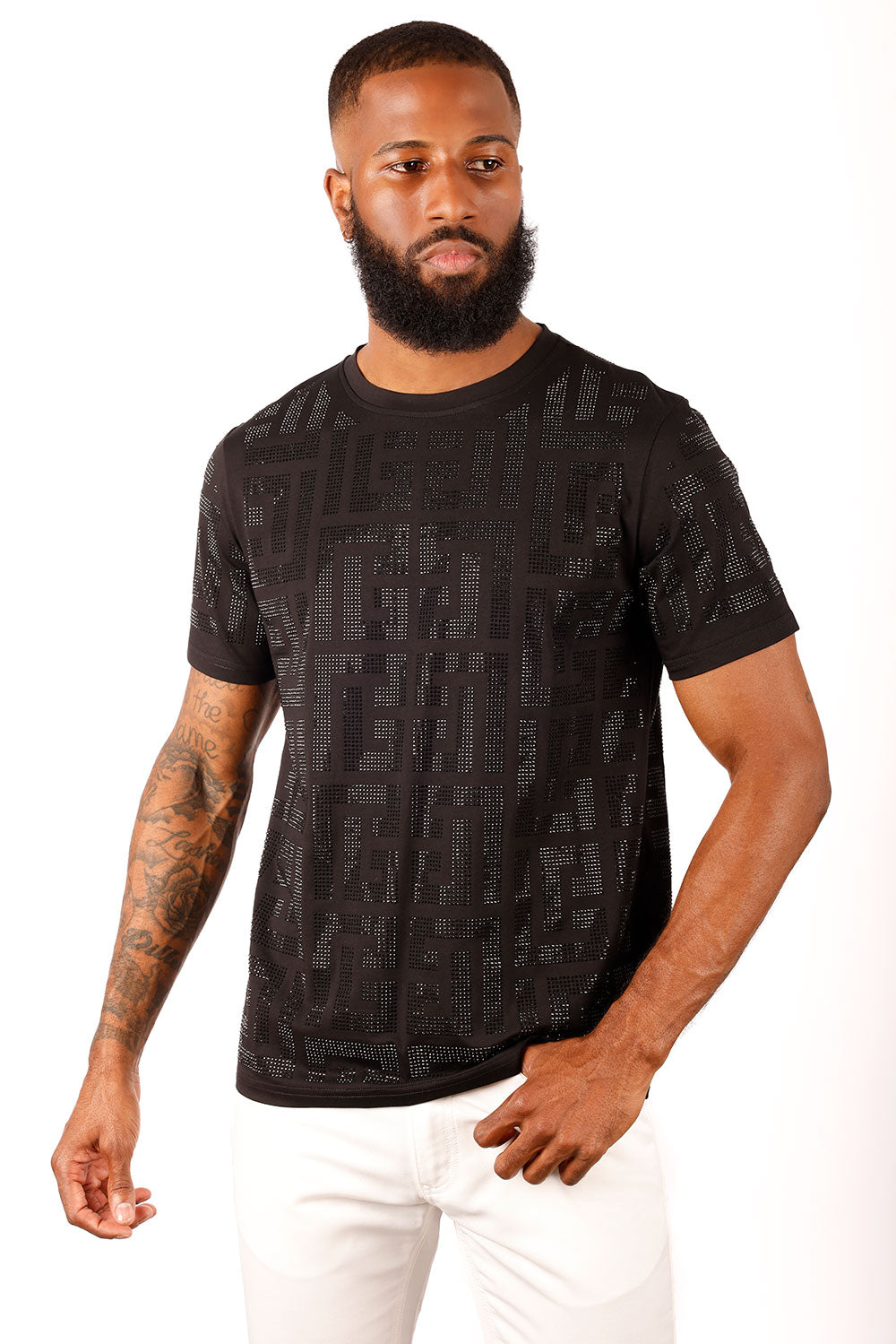 BARABAS Men's Greek Key Pattern Crew Neck T-Shirt 2STR7 Black Black