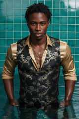 Barabas Men's Greek Key Pattern Floral Print Luxury Dress Vest 2VP3102 Black Gold