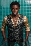 Barabas Men's Greek Key Pattern Floral Print Luxury Dress Vest 2VP3102 Black Gold