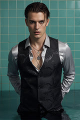 Barabas Men's Greek Key Pattern Floral Print Luxury Dress Vest 2VP3102 Black