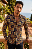 Barabas Men's Greek Key Print Design Button Down Luxury Shirts 2VS116 Navy