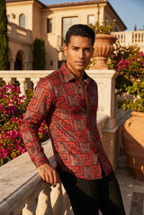 Barabas Men's Greek Key Print Design Button Down Luxury Shirts 2VS116 Wine