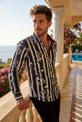 Vassari Men's Printed Striped Floral Long Sleeve Shirts 2VS122 Black