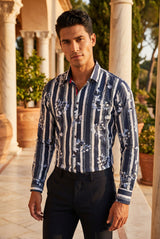 Vassari Men's Printed Striped Floral Long Sleeve Shirts 2VS122 Navy