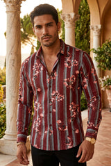Vassari Men's Printed Striped Floral Long Sleeve Shirts 2VS122 Wine