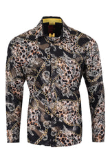 Vassari Mens Leopard Chain Print Design Button Down Luxury Shirt  2VS147 Black and Gold