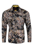 Vassari Mens Leopard Chain Print Design Button Down Luxury Shirt  2VS147 Black and Gold