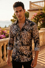 Vassari Mens Leopard Chain Print Design Button Down Luxury Shirt  2VS147 Black Gold