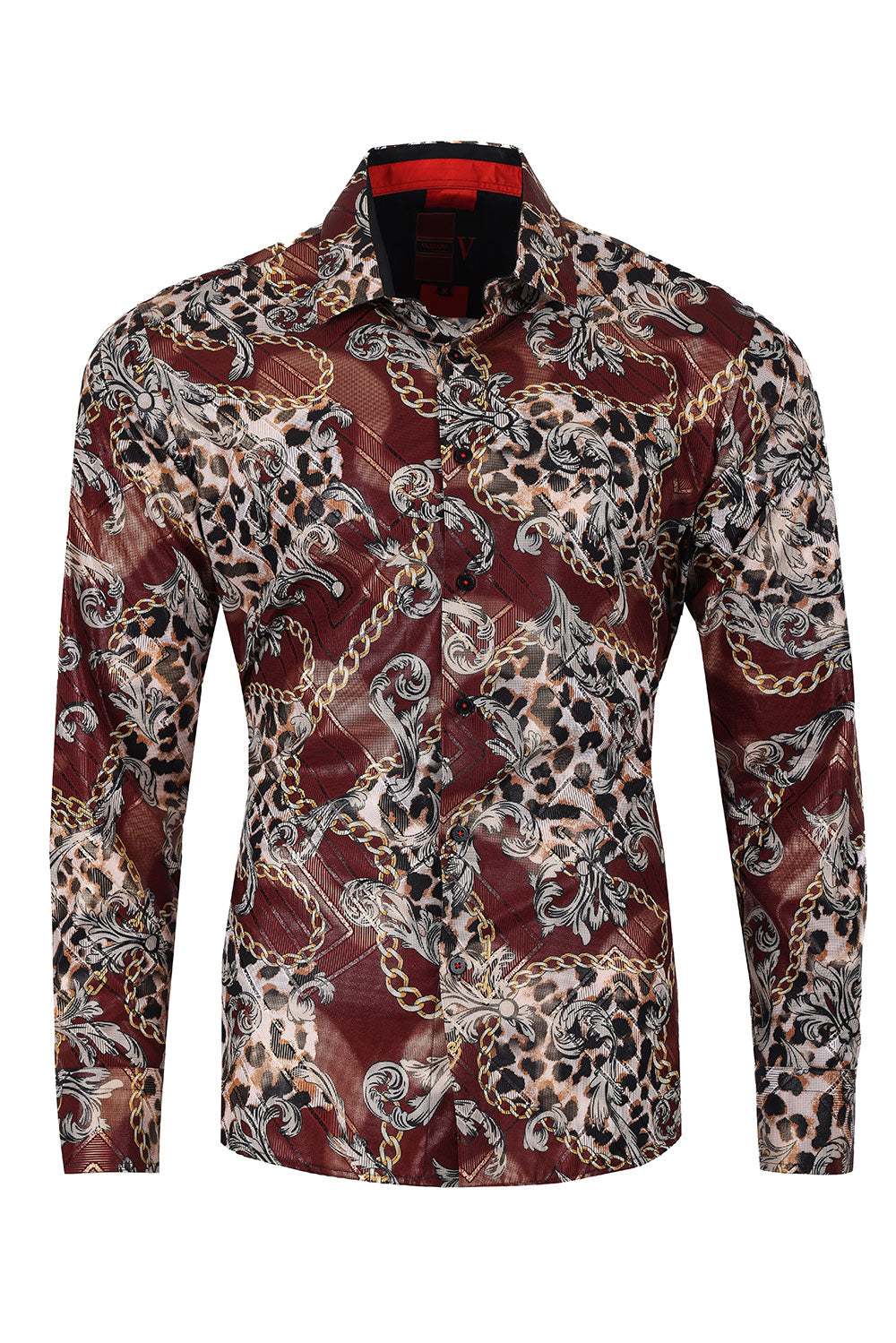 Vassari Mens Leopard Chain Print Design Button Down Luxury Shirt  2VS147 Wine and Gold