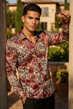 Vassari Mens Leopard Chain Print Design Button Down Luxury Shirt  2VS147 Wine and Gold