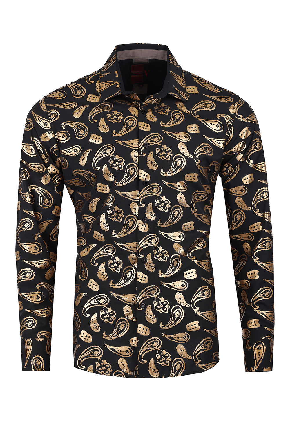 Vassari Mens Paisley Print Design Button Down Luxury Shirt  2VS148 Black and Gold