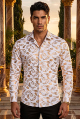 Vassari Mens Paisley Print Design Button Down Luxury Shirt  2VS148 White and Gold
