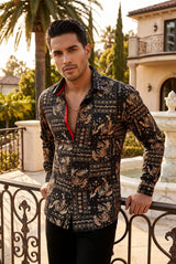 Vassari Mens Paisley Floral Print Design Button Down Luxury Shirt  2VS150 Black Gold