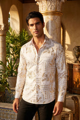 Vassari Mens Paisley Floral Print Design Button Down Luxury Shirt  2VS150 White Gold