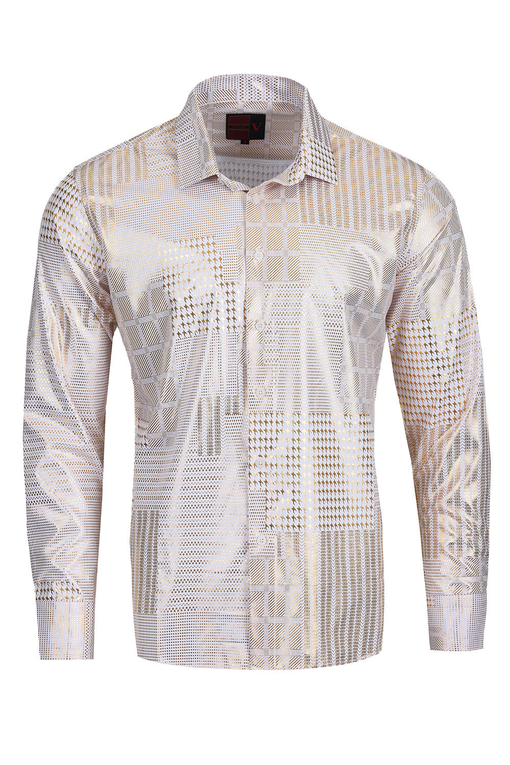 Vassari Mens Shiny Checkered Metallic Print Design Button Down Luxury Shirt  2VS152 White and Gold