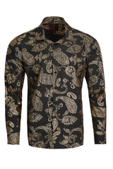 Vassari Mens Paisley Shiny Print Design Button Down Luxury Shirt  2VS153 Black and Gold