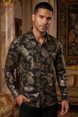 Vassari Mens Paisley Shiny Print Design Button Down Luxury Shirt  2VS153 Black and Gold