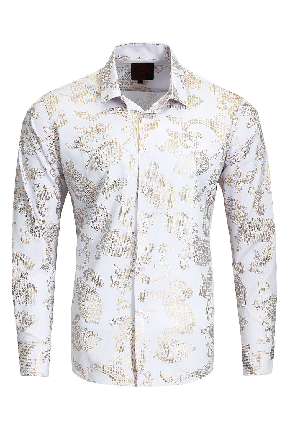 Vassari Mens Paisley Shiny Print Design Button Down Luxury Shirt  2VS153 White and Gold