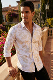 Vassari Mens Paisley Shiny Print Design Button Down Luxury Shirt  2VS153 White and Gold
