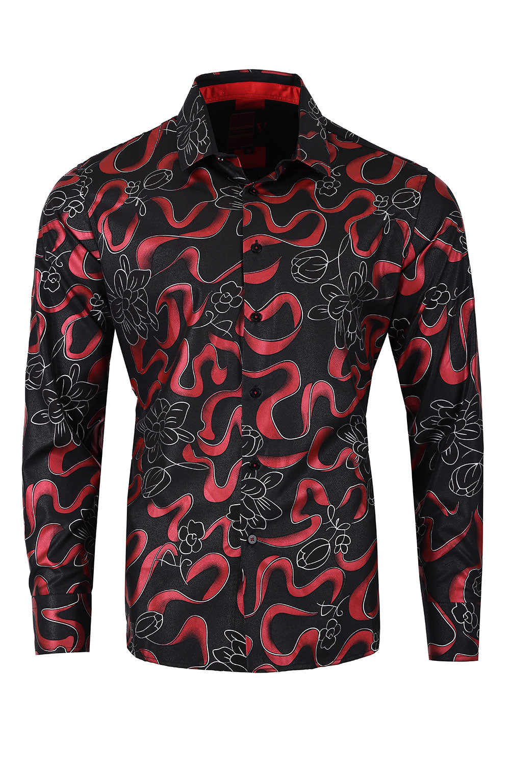 Vassari Mens Floral Print Design Button Down Luxury Shirt  2VS154 Black and Red