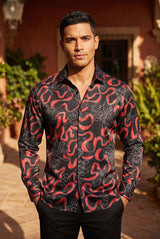 Vassari Mens Floral Print Design Button Down Luxury Shirt  2VS154 Black and Red