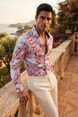 Vassari Mens Floral Print Design Button Down Luxury Shirt  2VS154 White and Red
