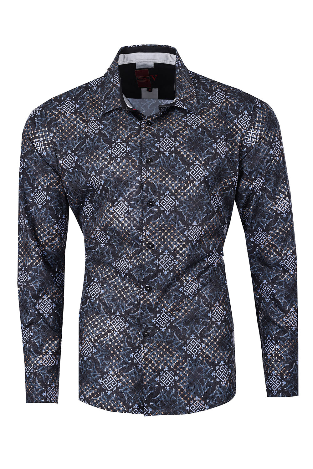 Vassari Mens Greek Pattern Print Design Button Down Luxury Shirt  2VS155 Black