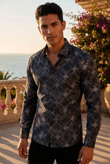 Vassari Mens Greek Pattern Print Design Button Down Luxury Shirt  2VS155 Black