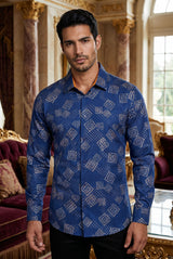 Vassari Mens Diamond Checkered Print Design Button Down Luxury Shirt  2VS156 Blue