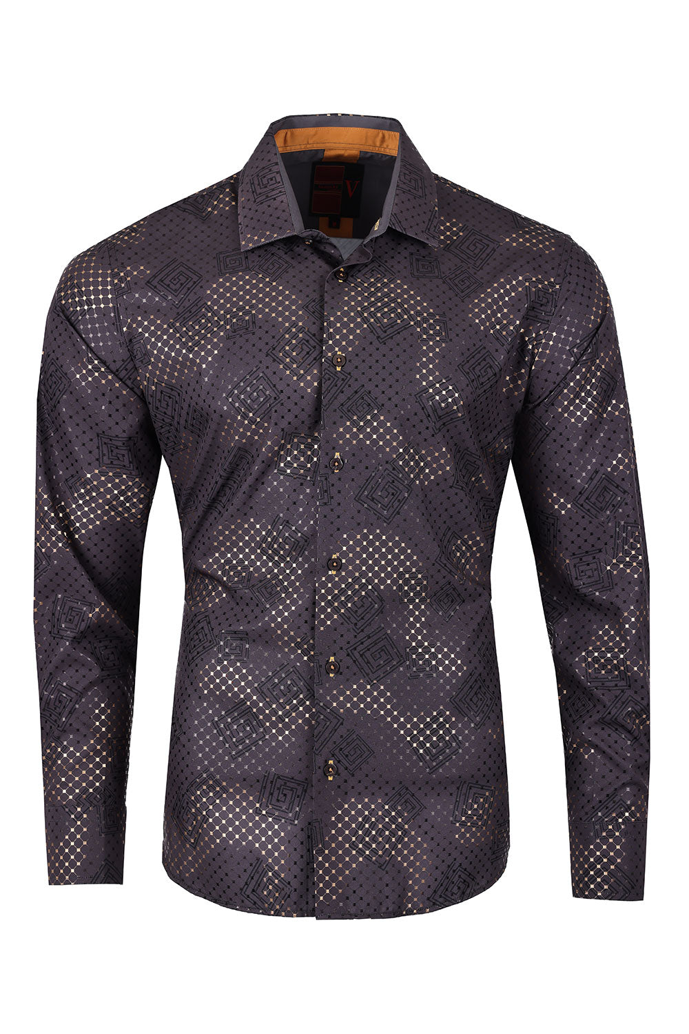 Vassari Mens Diamond Checkered Print Design Button Down Luxury Shirt  2VS156 Brown