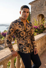 Vassari Mens Floral Print Design Button Down Luxury Shirt  2VS157 Black