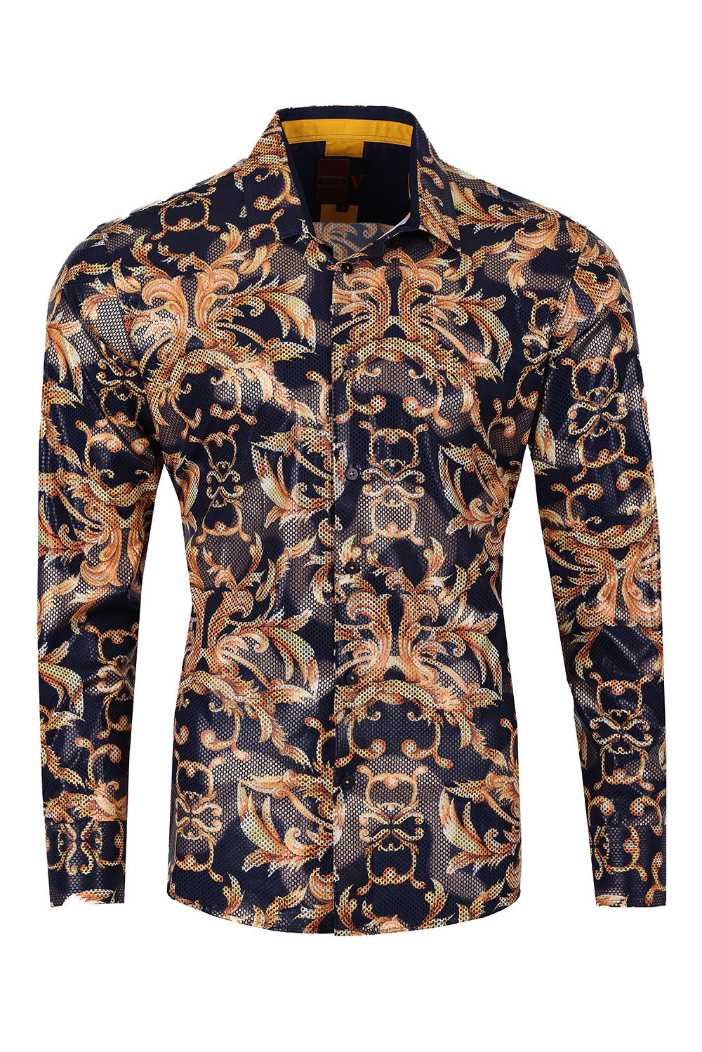Vassari Mens Floral Print Design Button Down Luxury Shirt  2VS157 Navy