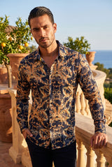 Vassari Mens Floral Print Design Button Down Luxury Shirt  2VS157 Navy