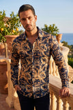 Vassari Mens Floral Print Design Button Down Luxury Shirt  2VS157 Navy