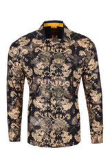 Vassari Mens Baroque Print Design Button Down Luxury Shirt  2VS158 Black and Gold