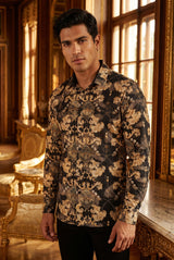 Vassari Mens Baroque Print Design Button Down Luxury Shirt  2VS158 Black and Gold