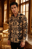Vassari Mens Baroque Print Design Button Down Luxury Shirt  2VS158 Black and Gold