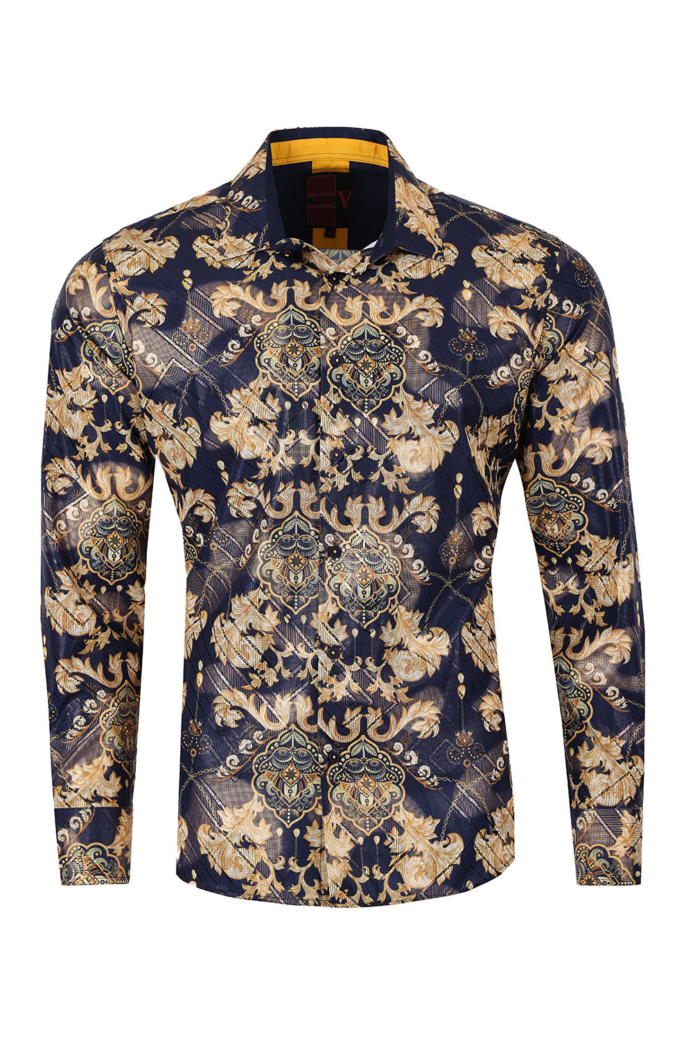Vassari Mens Baroque Print Design Button Down Luxury Shirt  2VS158 Navy and Gold