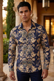 Vassari Mens Baroque Print Design Button Down Luxury Shirt  2VS158 Navy and Gold
