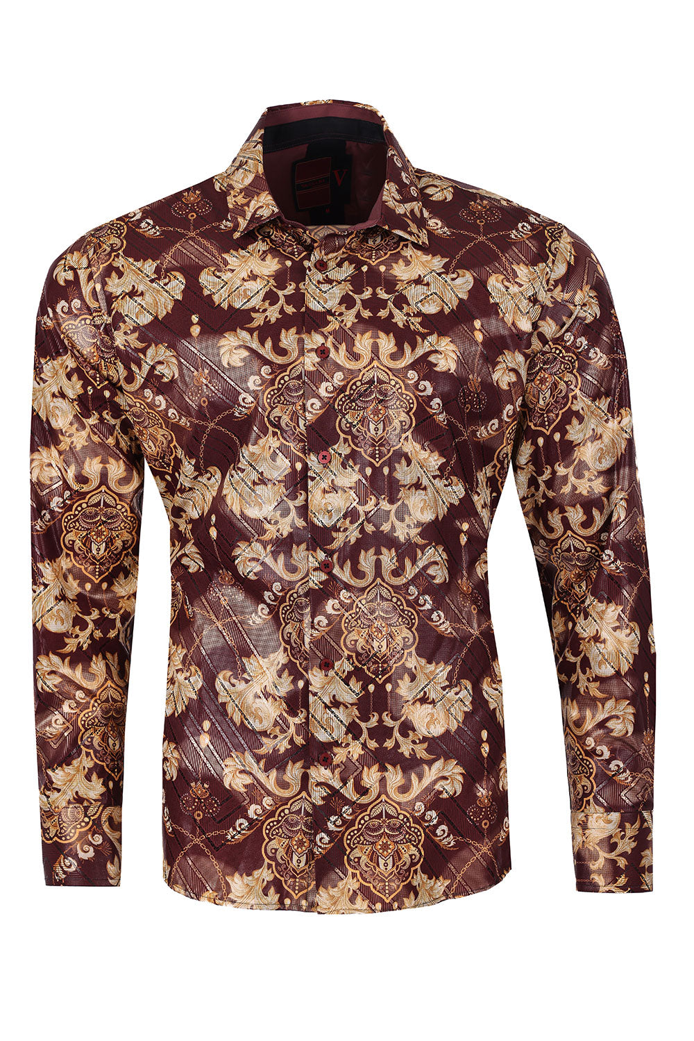 Vassari Mens Baroque Print Design Button Down Luxury Shirt  2VS158 Wine and Gold