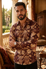 Vassari Mens Baroque Print Design Button Down Luxury Shirt  2VS158 Wine and Gold