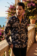 Vassari Mens Metallic Shiny Print Design Button Down Luxury Shirt  2VS159 Black