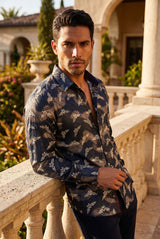 Vassari Mens Metallic Shiny Print Design Button Down Luxury Shirt  2VS159 Charcoal