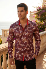 Vassari Mens Metallic Shiny Print Design Button Down Luxury Shirt  2VS159 Wine