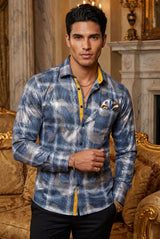 Vassari Mens Leaf Grit Print Design Button Down Luxury Shirt  2VS160 Blue