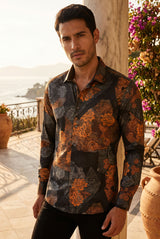 Barabas Men's Beehive Paisley Floral Print Desing Long Sleeves 2VS164 Black Brown